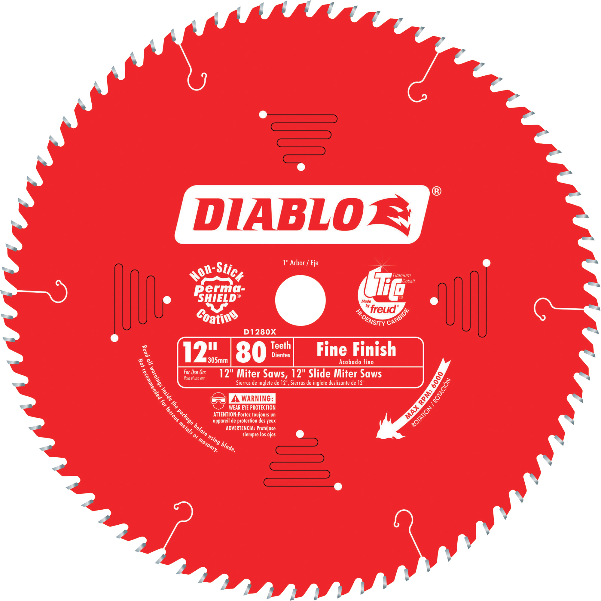 Diablo Fine Finish Circular Saw Blade — 12in., 80 Tooth, For Fine Crosscuts in Hardwood and Softwood