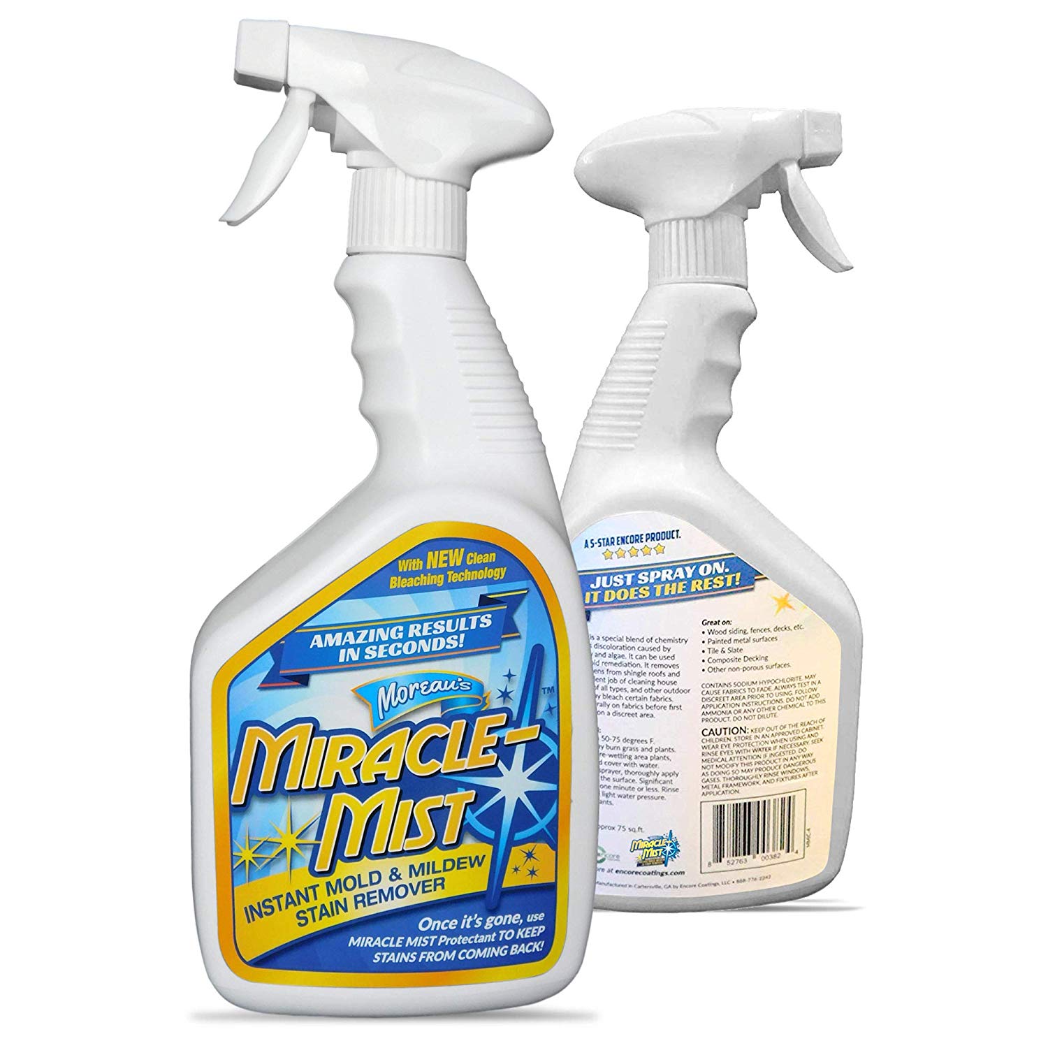 MiracleMist Instant Mold and Mildew Stain Remover for Indoor and Outdoor Use - Long Lasting Bathroom, Deck, Concrete, Vinyl, Tile Cleaner, 32 Oz